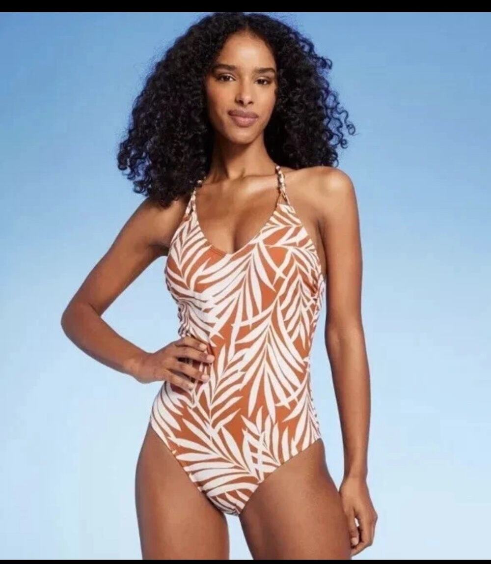 Shade & Shore Women's Tropical Bead Knot Detail One Piece Swimsuit - Brown  S